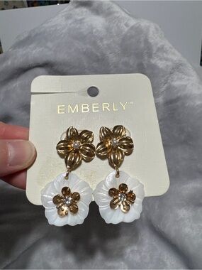 Gold & White Floral Drop Earrings